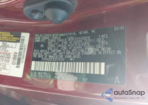 2005 Toyota Sienna Le z USA, uszkodzony, nr VIN 5TDZA23C35S314333